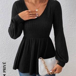 Black Lantern Sleeve Rib Knit Peplum Longsleeve